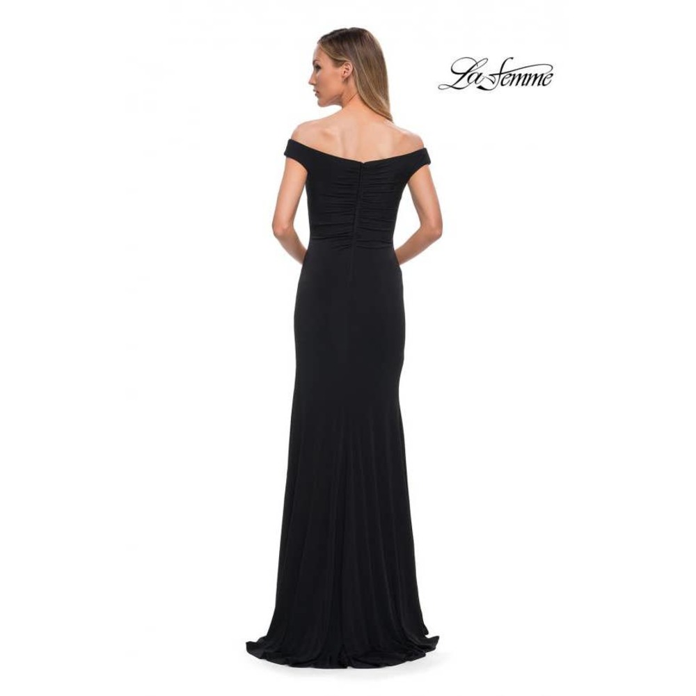 La Femme Off the Shoulder Jersey Ruched Long Dress Black - Picture 3 of 9